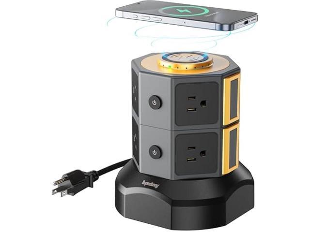 SUPERDANNY Power Strip Tower with 15W Wireless Charger, 6.5Ft Retractable Extension Cord, 1050J Surge Protector, Desktop Charging Station with 8...