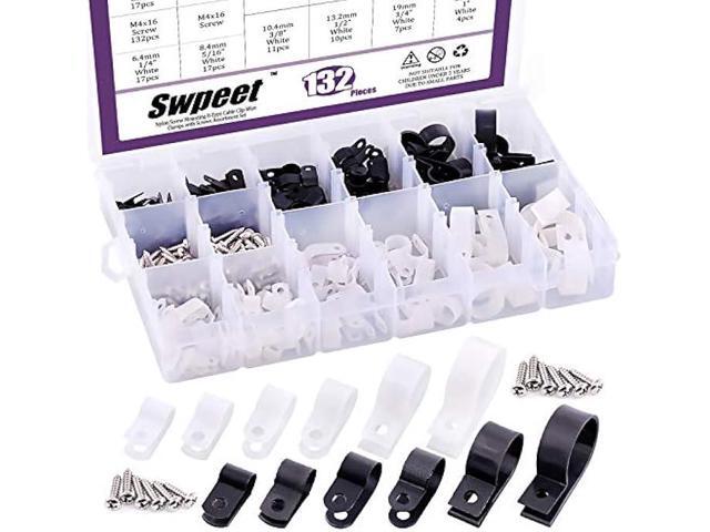 Swpeet 135 Pack 6 Sizes White+Black Nylon Plastic R-Type Cable Clips Clamp Assortment Kit, 3/16 1/4 3/8 1/2 3/4 1 Nylon Screw Mounting Cord...