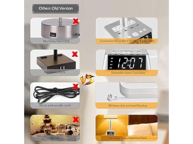 Yostyle Table Lamp Bedside Lamp with 4 USB Ports and AC Power Outlets, Alarm Clock Base w/ 5Ft Extension Cord, Square Oatmeal Fabric Lampshade...