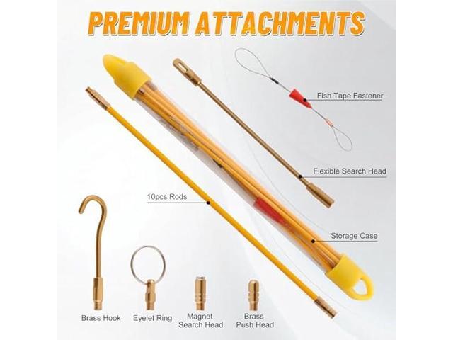 KOOTANS 11FT Fiberglass Running Electrical Wire Cable Glow Rods Wire Pulling Tools Fish Tape Cable Puller Through Wall Snake Fish Rods Kit with...