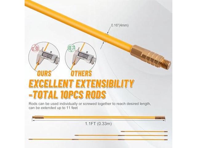 KOOTANS 11FT Fiberglass Running Electrical Wire Cable Glow Rods Wire Pulling Tools Fish Tape Cable Puller Through Wall Snake Fish Rods Kit with...