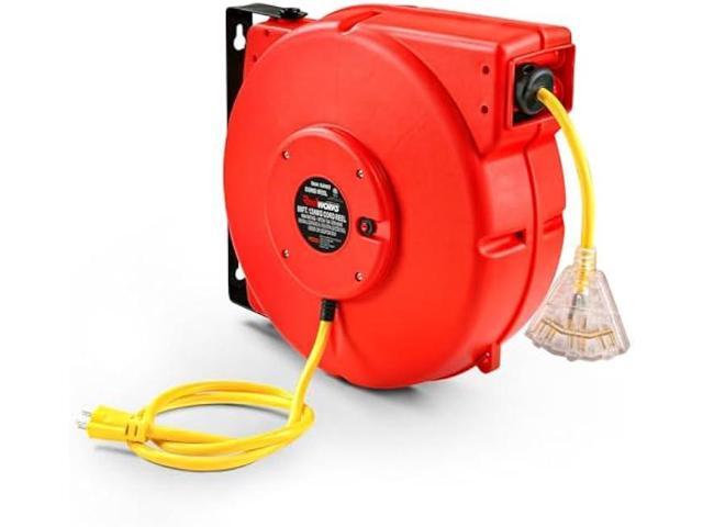 ReelWorks Extension Cord Reel Retractable Longest Industrial 12awg x 80' Foot Commercial Premium Grade Ultra Flexible 3C/SJTOW Glow Strip Cable and...