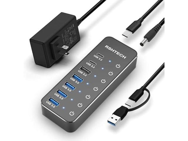 RSHTECH 7-Port Powered USB 3.2/USB C Hub with 10Gbps USB-A 3.2, 2 USB-C 3.2, 4 USB 3.0 Ports, Individual Touch Switches, 3.3ft Cable and 5V Power...
