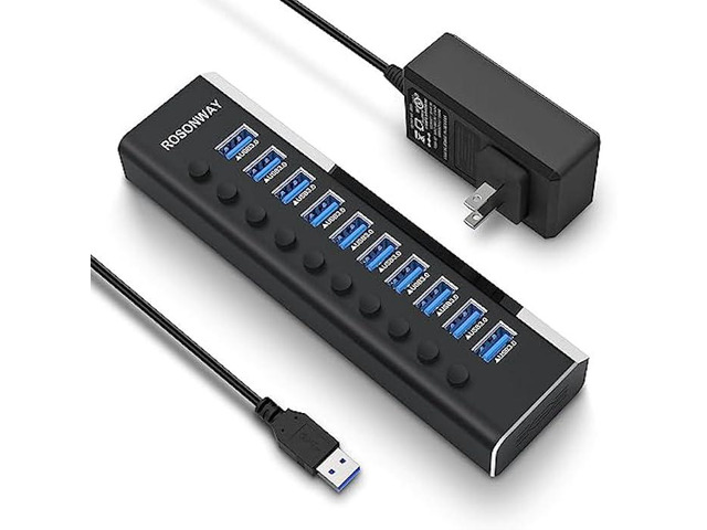 Powered USB Hub, Rosonway Aluminum 10 Port USB 3.0 Data Hub with 36W (12V/3A) Power Adapter and Individual On/Off Switches USB Splitter(RSH-A10)
