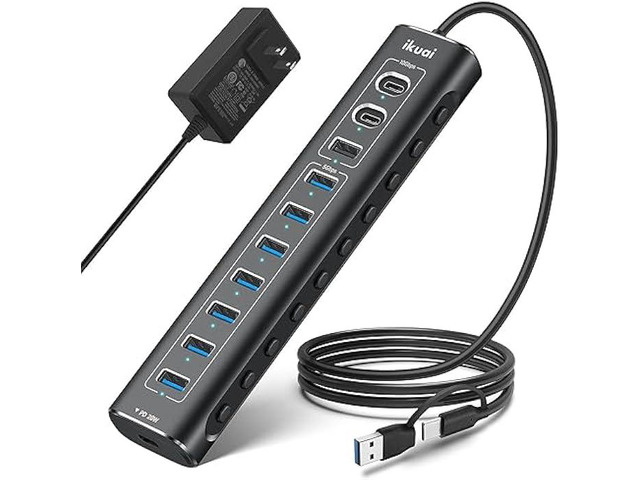 Powered USB Hub, 11-Port ikuai Hybrid USB 3.2/ USB C Hub with PD Charging Port and 60W Power Adapter, Aluminum USB Splitter Including 3 10Gbps...