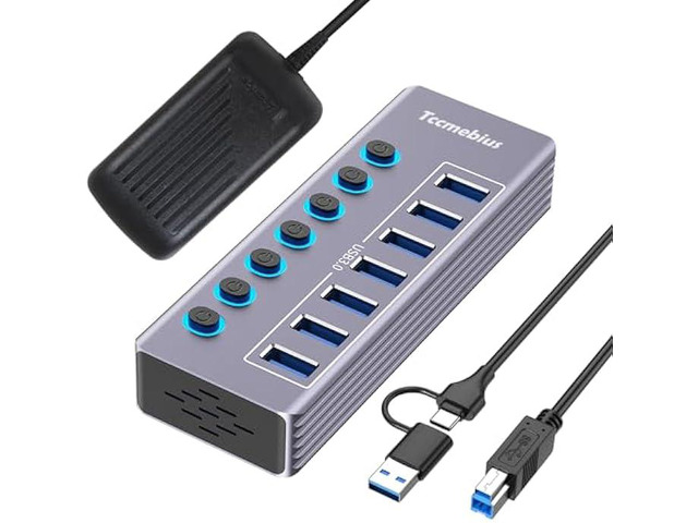 Powered 7-Port USB 3.0 Hub, USB C to 7 Ports USB Data Hub Splitter with Individual LED On/Off Switche, 3.3FT Cable, 12V/3A Power Adapter, for...