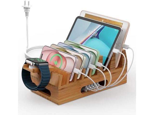 Pezin & Hulin Bamboo Charging Station Holder with 5 Port USB Charger, 5 x Charge Cables, Watch Stand, Wood Docking Stand Electronic Organizer for...