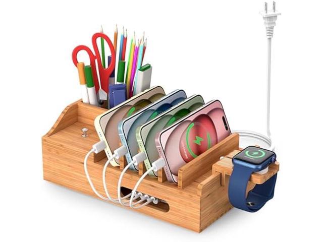 Bamboo Charging Station for Multiple Devices with 5 Port USB Charger, 5 Charger Cables and Smart Watch Stand. Wood Desktop Dock Stations Electronic...