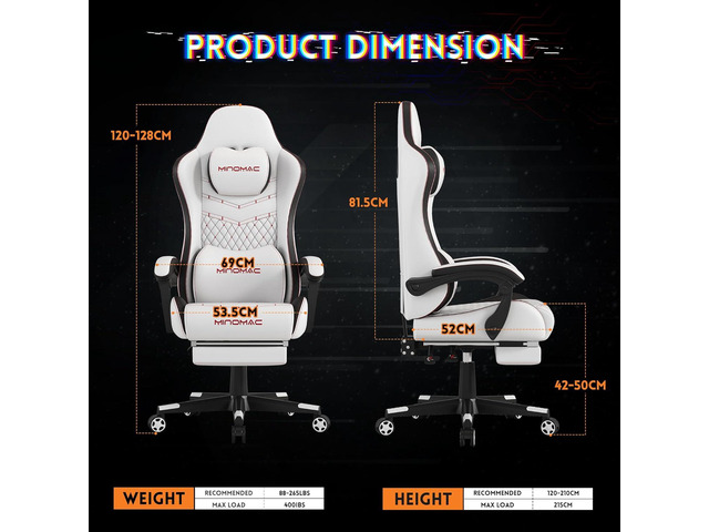 Gaming Chair,Ergonomic Computer Gaming Chair,400lb Load-Bearing,Retractable Footrest/Waist Support/Ergonomic Backrest[Spring + 4D Sponge] (White)