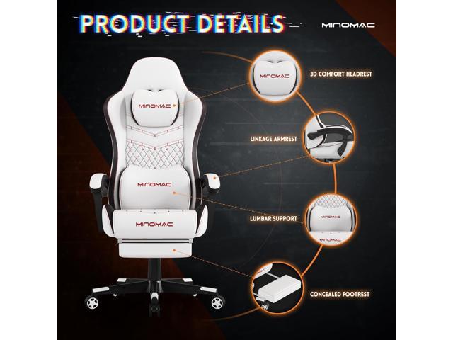 Gaming Chair,Ergonomic Computer Gaming Chair,400lb Load-Bearing,Retractable Footrest/Waist Support/Ergonomic Backrest[Spring + 4D Sponge] (White)