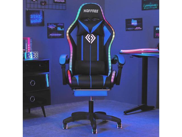 HOFFREE RGB Gaming Chair with Speakers Massage Computer Gaming Chair with LED Lights and Footrest High Back Video Game Chair for Adults Blue and Black