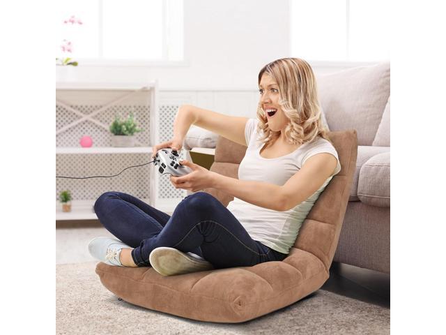 14-Position Floor Sofa, Folding Gaming Sofa Chair, Comfy Cushions & Study Steel Frame, Angle Adjustable Sleeper Bed, Couch Recliner (Tan)