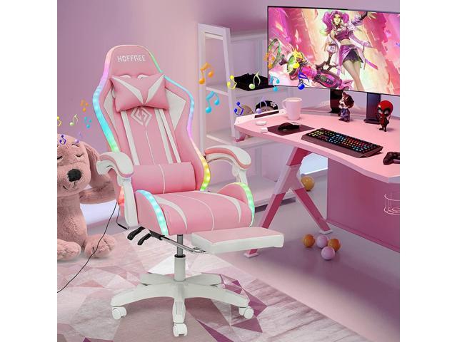 HOFFREE Pink Gaming Chair with Bluetooth Speakers and LED RGB Lights Cute Ergonomic Massage Computer Gaming Chair with Footrest High Back Video...
