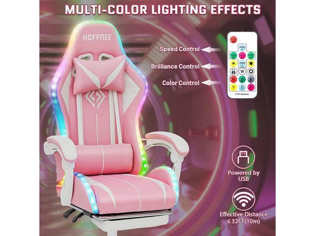 HOFFREE Pink Gaming Chair with Bluetooth Speakers and LED RGB Lights Cute Ergonomic Massage Computer Gaming Chair with Footrest High Back Video...