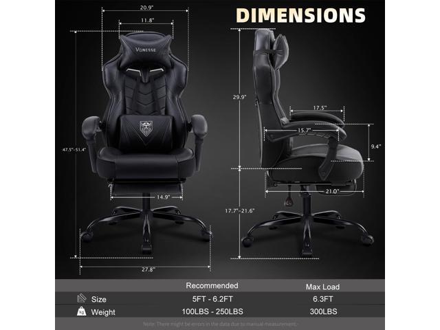 Vonesse Gaming Chair, Computer Chair with Footrest and Massage, Big and Tall High Back Gamer Chair, Reclining Gaming Chairs for Adults (Classic Black)