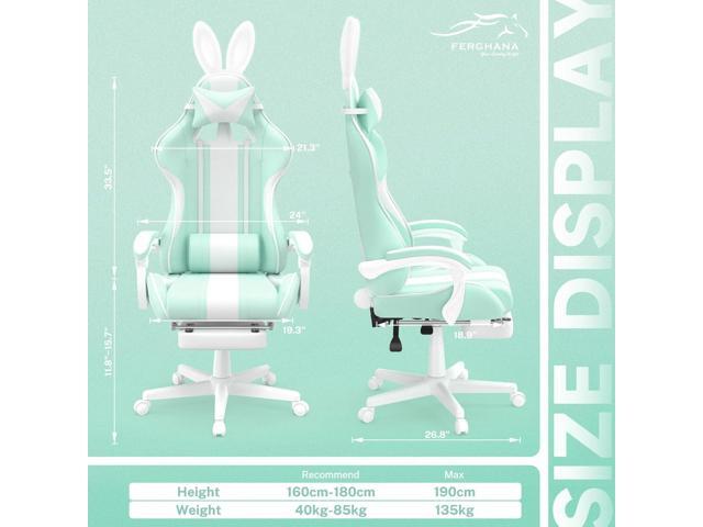 Ferghana Kawaii Light Green Gaming Chair with Bunny Ears, Ergonomic Cute Gamer Chair with Footrest and Massage, Racing Reclining Leather Computer...