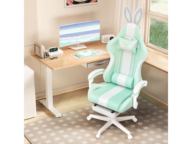 Ferghana Kawaii Light Green Gaming Chair with Bunny Ears, Ergonomic Cute Gamer Chair with Footrest and Massage, Racing Reclining Leather Computer...
