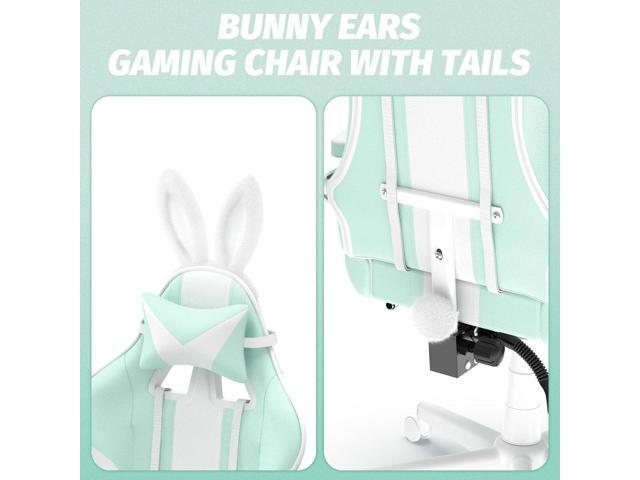 Ferghana Kawaii Light Green Gaming Chair with Bunny Ears, Ergonomic Cute Gamer Chair with Footrest and Massage, Racing Reclining Leather Computer...