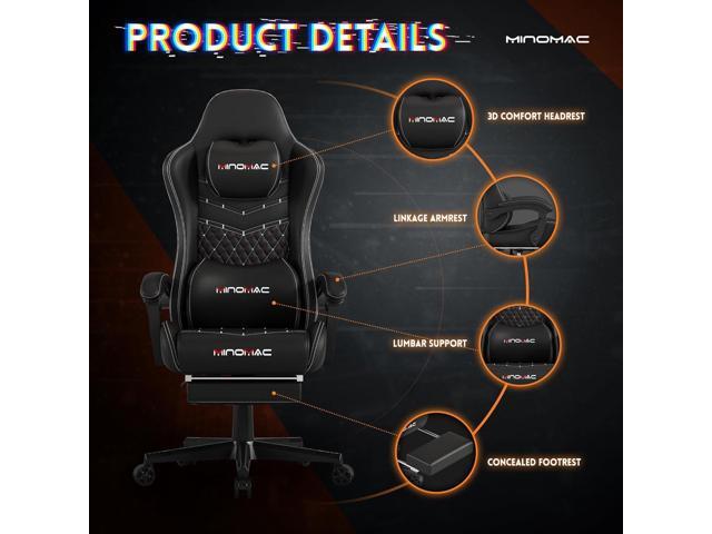 Gaming Chair,Ergonomic Computer Gaming Chair,400lb Load-Bearing,Retractable Footrest/Waist Support/Ergonomic Backrest[Spring + 4D Sponge] (Black)