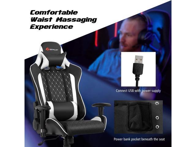 POWERSTONE Gaming Chair, Gaming Recliner with Adjustable Armrest Massage Lumbar Pillow Wide Cushion Ergonomic Office Computer Chair for Adults, White