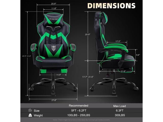 Vonesse Gaming Chair,Computer Chair with Footrest and Massage,Reclining Gaming Chairs for Adults,Big and Tall High Back Gamer Chair (Green/Black)