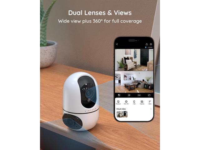 virtavo XD1 Indoor Security WiFi Camera, No Subscription Required, Dual-Lens 360° PTZ Baby Monitor & Pet Cam, Motion Tracking, 2-Way Audio, Night...