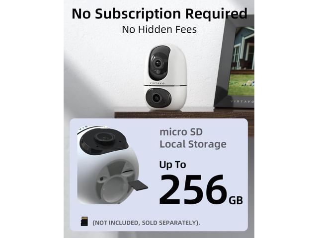 virtavo XD1 Indoor Security WiFi Camera, No Subscription Required, Dual-Lens 360° PTZ Baby Monitor & Pet Cam, Motion Tracking, 2-Way Audio, Night...