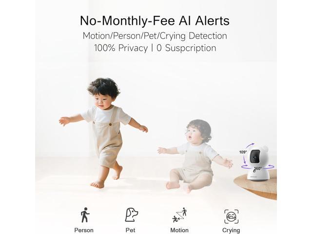 2.5K Security Camera Indoor, Non-Subscription AI Person/Pet/Cry Detection, 4MP Pet/Dog/Cat Camera w/Phone App, Pan Tilt 2.4GHz WiFi Cameras for...