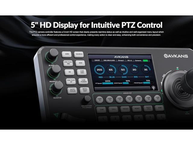 AVKANS NDI Camera Joystick Controller, 5inch Preview Screen, IP POE PTZ Control Keyboard with 4D-Joystick for Worship Church Live Streaming (PowerJoy)