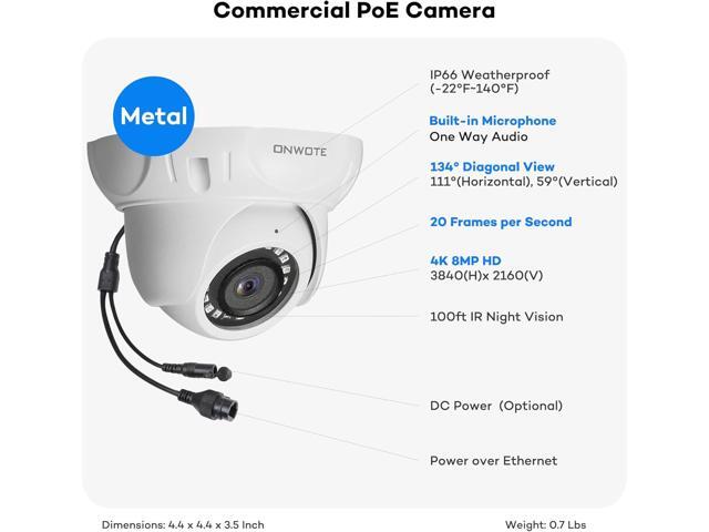 ONWOTE 4K 8MP UltraHD PoE IP Security Camera, AI Human Vehicle Detection, 3840x2160 8 Megapixels, 134° FoV, Video Audio, Indoor Outdoor, Commercial...