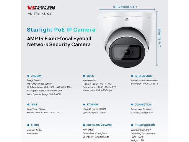 VIKYLIN 4MP PoE IP Camera Starlight 0.006Lux@F1.6, Dome/Turret Secrutiy Camera with IVS,2.8mm Lens 164ft IR Night Vision, Built-in Mic, AI Human...