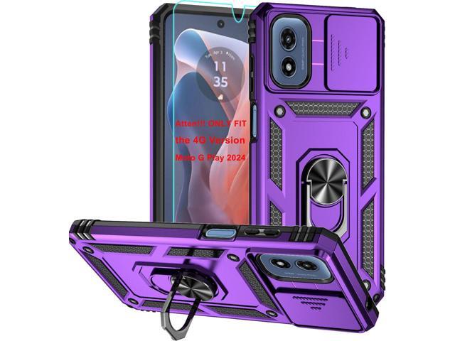 For Moto G Play 2024 Case, Soft Silicone Rubber Bumper Hard Plastic Phone Case with [Sliding Camera Lens Cover] [360° Rotatable Kickstand Ring] [HD...
