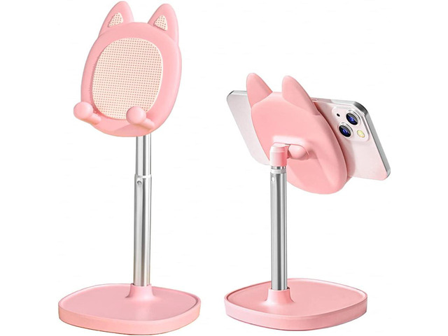 Cute Cat Phone Stand, Cat Head Cell Phone Holder for Desk,Angle & Height Adjustable Compatible with All Smartphone,iPhone,Samsung,Tablet,iPad-Pink
