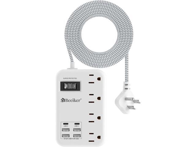 6 USB(2 USB C) Surge Protector Power Strip- 5Ft Travel Power Strip with 4.8A USB Charging Station and 4 Extendable Outlet, 13A Flat Plug Braided.