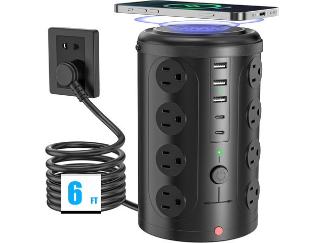 Surge Protector Power Strip - Desk Charging Station with 15W Wireless Charger, Multiple Outlets Charging Station with 16 2300J AC Outlets & 5 USB...