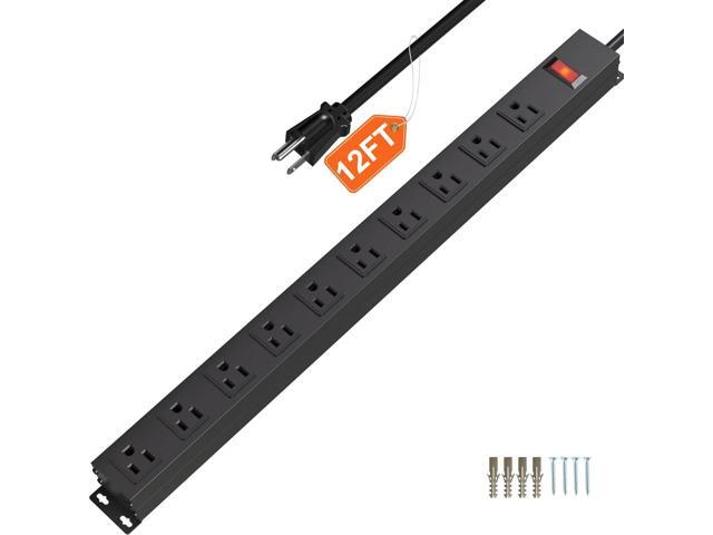 10 Outlet Metal Power Strip with 12Ft/125V/15A Long Extension Cord Black Heavy Duty Power Strip for...