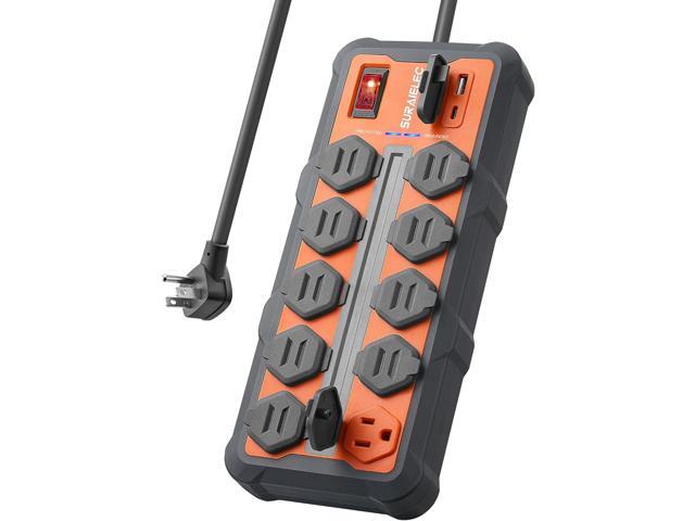 SURAIELEC Heavy-Duty Power Strip with USB-A & USB-C, 4500J Surge Protection, Overmolded Rubber Housing, 12-Outlets (10 AC + 2 USB), 14AWG 10FT Cord.