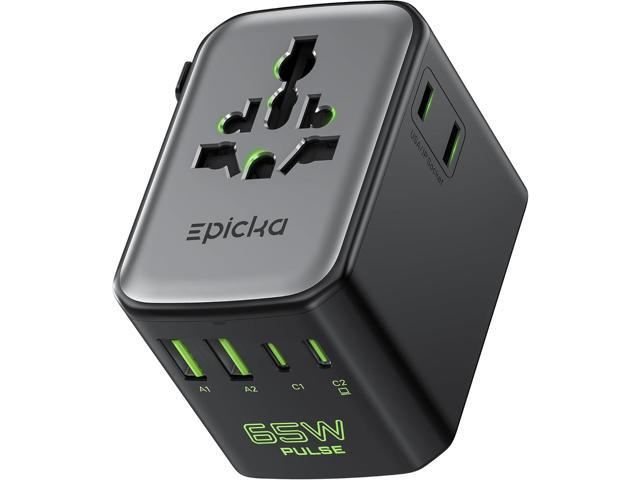 Epicka Pulse Duo 65W Universal Travel Adapter, International Power Adapter with PD & QC 3.0 Fast Charging for 2 Devices Simultaneously, European...