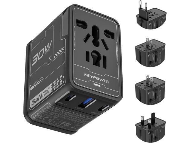 Universal Travel Adapter 30W GaN, KEY POWER All-in-One International Power Adapter with 2 USB-C & 1 USB-A, Worldwide Plug Converter for EU/US/UK/AU...
