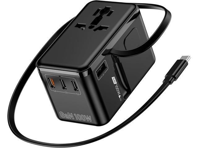 Universal Travel Adapter, 100W GaN European Travel Plug Adapter with Built-in USB-C Cable & 4-Ports, 6-in-1 International Power Adapter for...