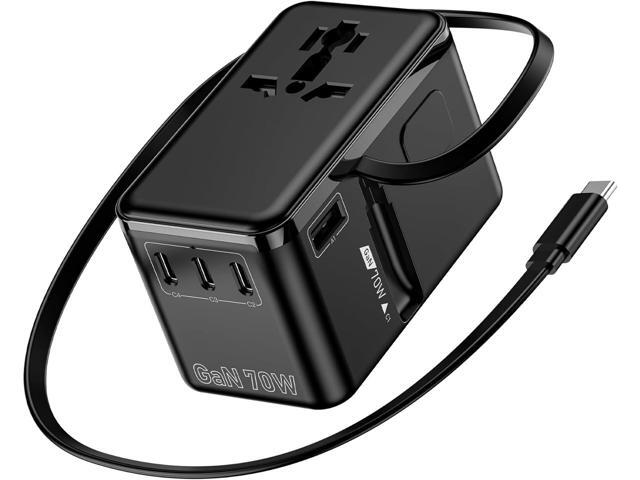 70W GaN Universal Travel Adapter - 6-in-1 International Plug Adapter Wall Charger for 200+ Countries, Built-in USB-C Cable Multi Port Fast Charging...