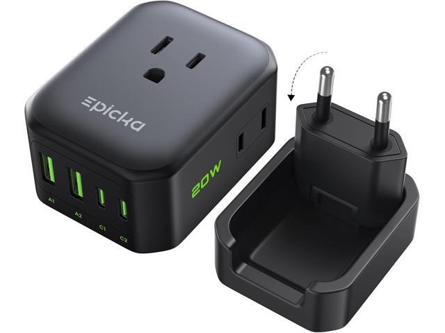 EPICKA Hybrid European Travel Plug Adapter, Foldable & Detachable Type C (EU) VisaPlug, 8-IN-1 International Power Adapter with 4 USB Ports (2...