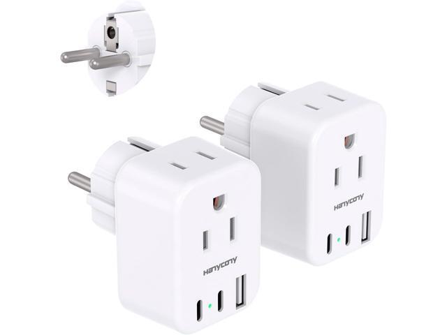 Type E F Plug Adapter, HANYCONY Germany France Travel Plug Adapter with 2 Outlets 3 USB Ports(2 USB C)Schuko Power Adaptor for US to Europe EU...