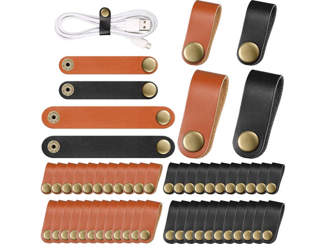 Weewooday 52 Pieces PU Leather Cable Strap, Earbud Cord Organizer, PU Leather Handmade Portable USB Cord Holder, Earphone Tie Cable Management,for...