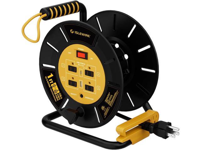 Extension Cord Storage Reel with 4-Grounded Outlets & 2 USB Ports, Heavy Duty Open Cord Reel for 12/3,14/3,16/3 Gauge Power Cord, Hand Wind...