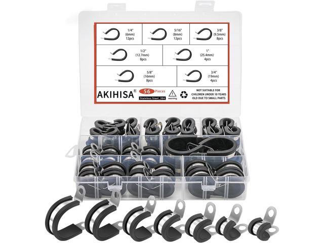 AKIHISA 56Pcs 1/4'-1' 7Sizes Kit Cable Clamps Kit, 304 Stainless Steel Conduit Clamps, for Cable, Pipe, Hose, Fuel Line, Metal Wire Cord Installation
