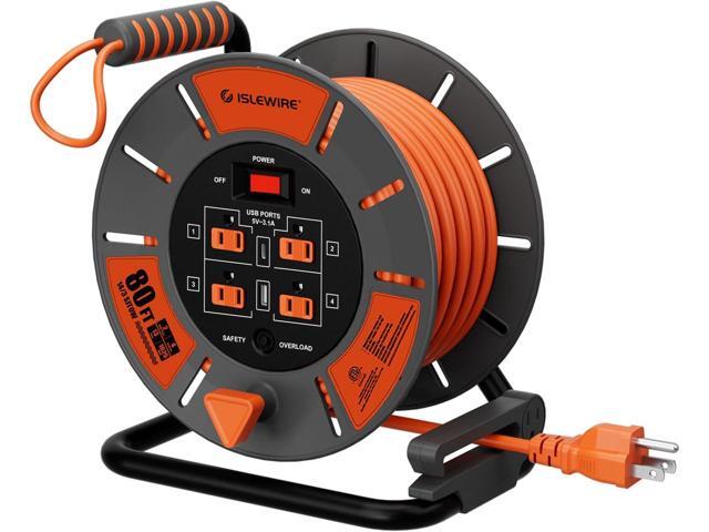 Retractable Extension Cord Reel 80 FT, 14AWG SJTOW Heavy Duty Power Cord with 4 Grounded Outlets, USB-A & USB-C Ports, 13A Circuit Breaker, Hand...