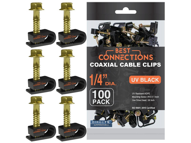 BEST CONNECTIONS Coaxial Cable Clips with Pre-Inserted Screw (100 Pack) Black Single Cable Mounting Clamps for Coax Cable (RG6, RG59) and Ethernet...