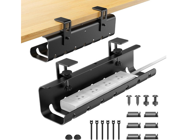 Under Desk Cable Management Tray No-Drill 2 Pack 16.9 Wire Cord Organizers, Cable Management Under Desk for Home and Office No Damage Black