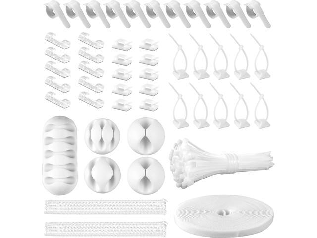 White Cable Management Organizer Kit, 2 Wire Sleeve Protector, 41 Self Adhesive Cable Clips Holder, 10pcs+2 Roll Reusable Cable Ties and 100 Cable...